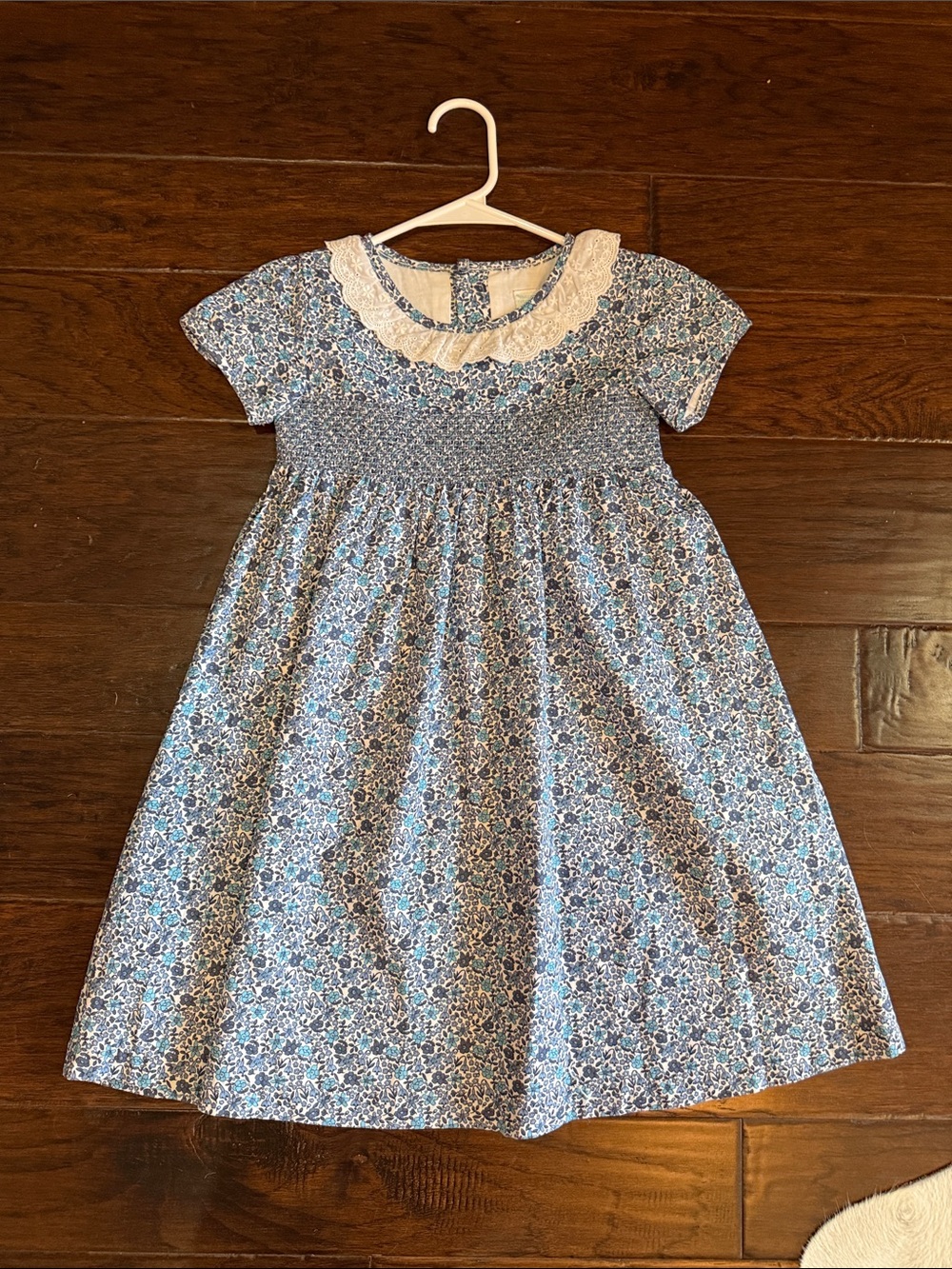 Classic Blue Floral Smocked Kids Dress with Lace Collar Edgehill Collection